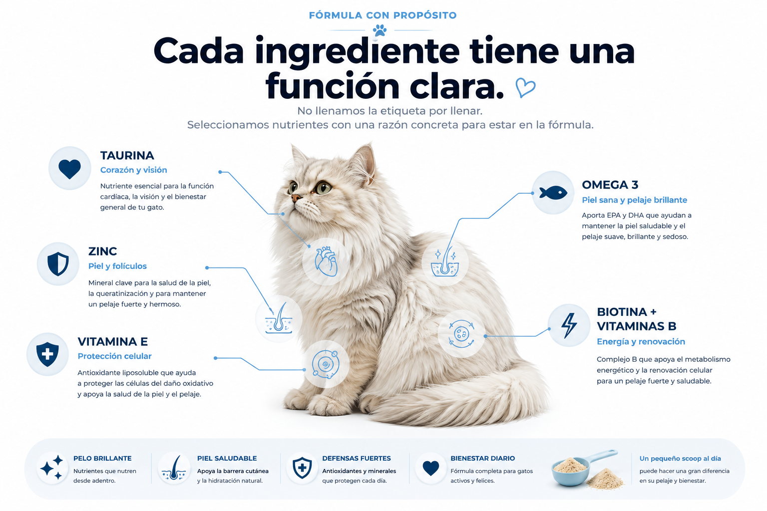 Infografía de la fórmula Octapet: taurina, omega 3, zinc, vitamina E, biotina y vitaminas B, y su función en el bienestar, la piel y el pelaje del gato