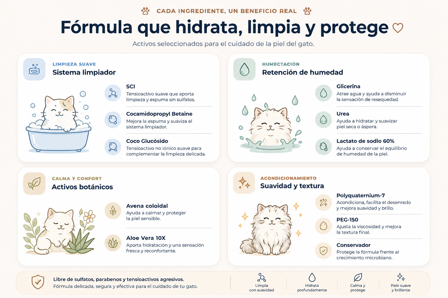 Infografía de la fórmula del shampoo hidratante para gatos: limpieza suave, humectación, calma y acondicionamiento