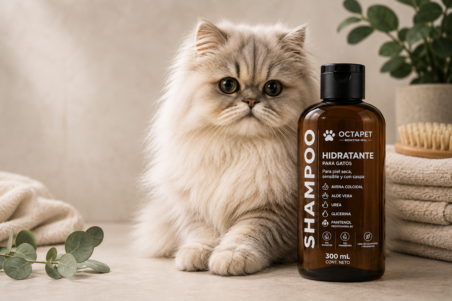 Gato de pelo largo junto al Shampoo Hidratante para Gatos Octapet