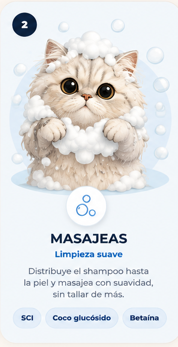 Paso 2 para usar Shampoo Hidratante Octapet: masajear suavemente hasta la piel