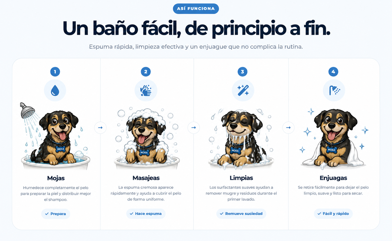 Moka ilustrada usando Shampoo Esencial Octapet en cuatro pasos del baño: mojar, aplicar, masajear y enjuagar